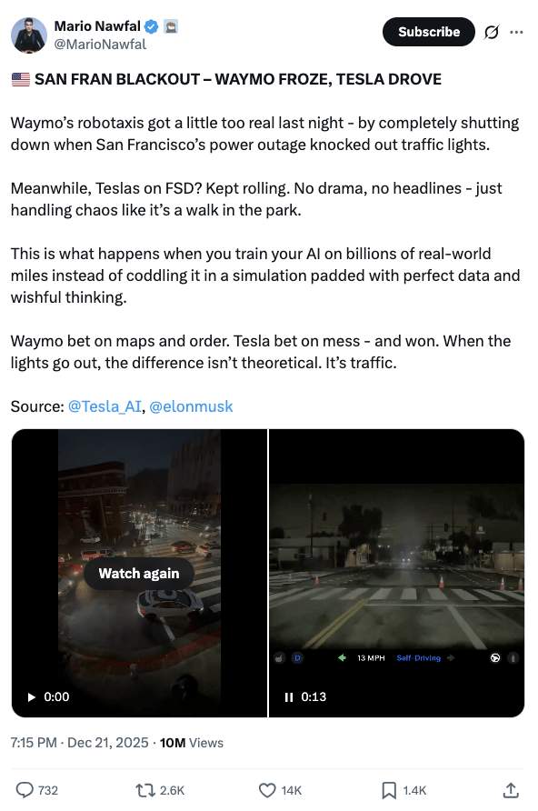 自动驾驶对决：Waymo遭遇断电危机，特斯拉展现真实路况应对力(图13)